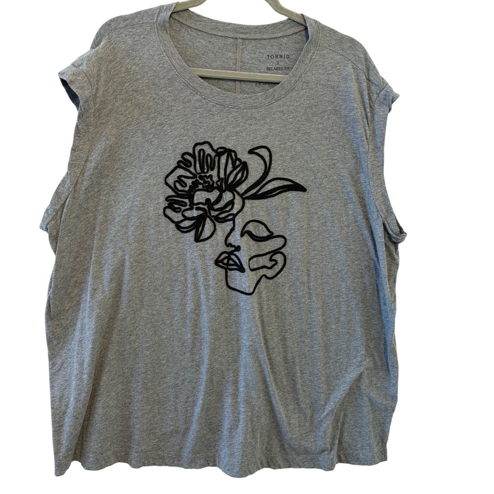 Torrid Womens Gray Embroidered Line Art Face Flower Relaxed Fit Tank Top Size 2